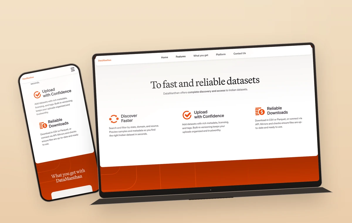 Data Manthan's discovery, validation and download features, on a laptop and a phone.