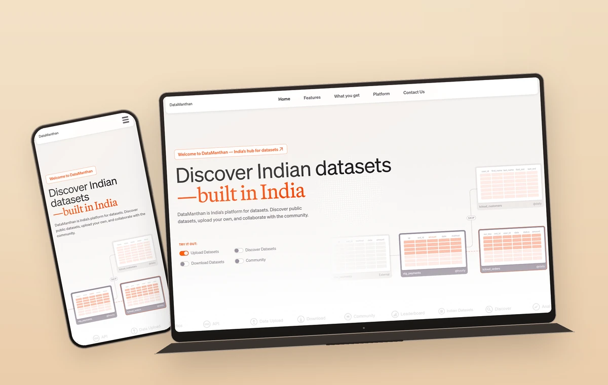 Data Manthan's dataset discovery page, shown on a laptop and a phone.