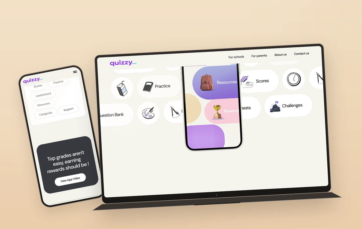 Quizzy's feature set — quizzes, categories, practice, scores, leaderboards — on a laptop and a phone.