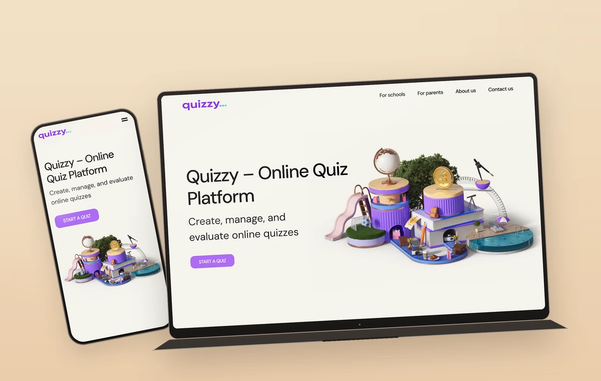 Quizzy's landing page, shown on a laptop and a phone.