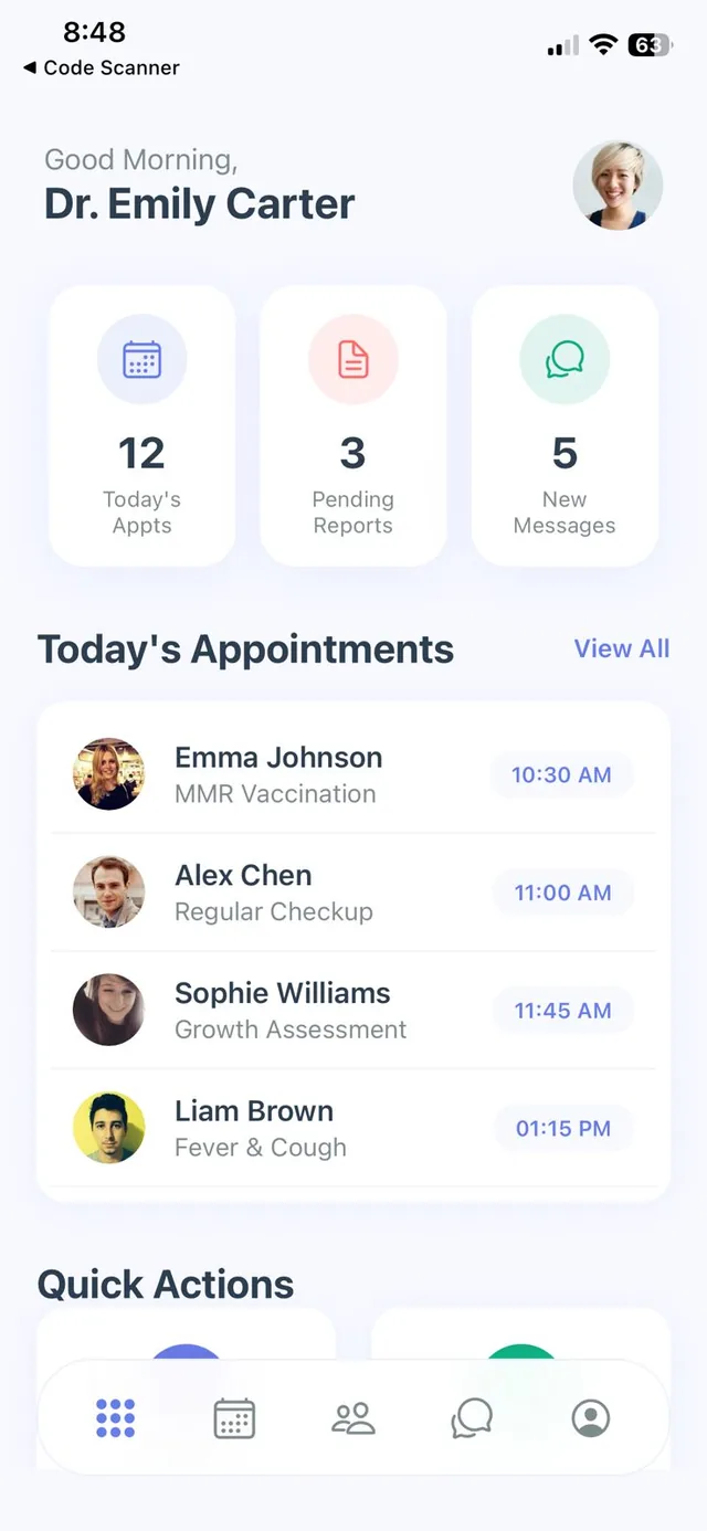 The Sanrakshya doctor app: the day's appointments and the reports still waiting.
