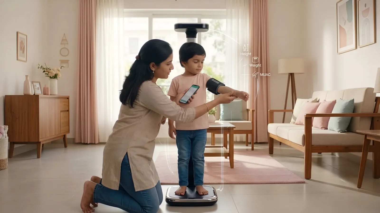 A mother measuring her child on the Sanrakshya device at home: the child stands on the weighing platform under the height sensor, wearing the MUAC cuff, while she reads the app on her phone.