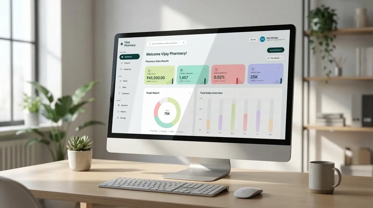 Vijay Pharmacy retail management dashboard, a further screen